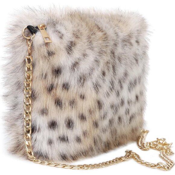 Faux Fur Crossbody Bag Women Small Shoulder Purse Zipper Detachable Chain - Picture 2 of 6
